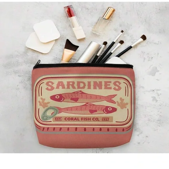 New Pink and Cream Sardines Make Up Carryall Canvas Zip Top Pouch OS - Picture 12 of 15